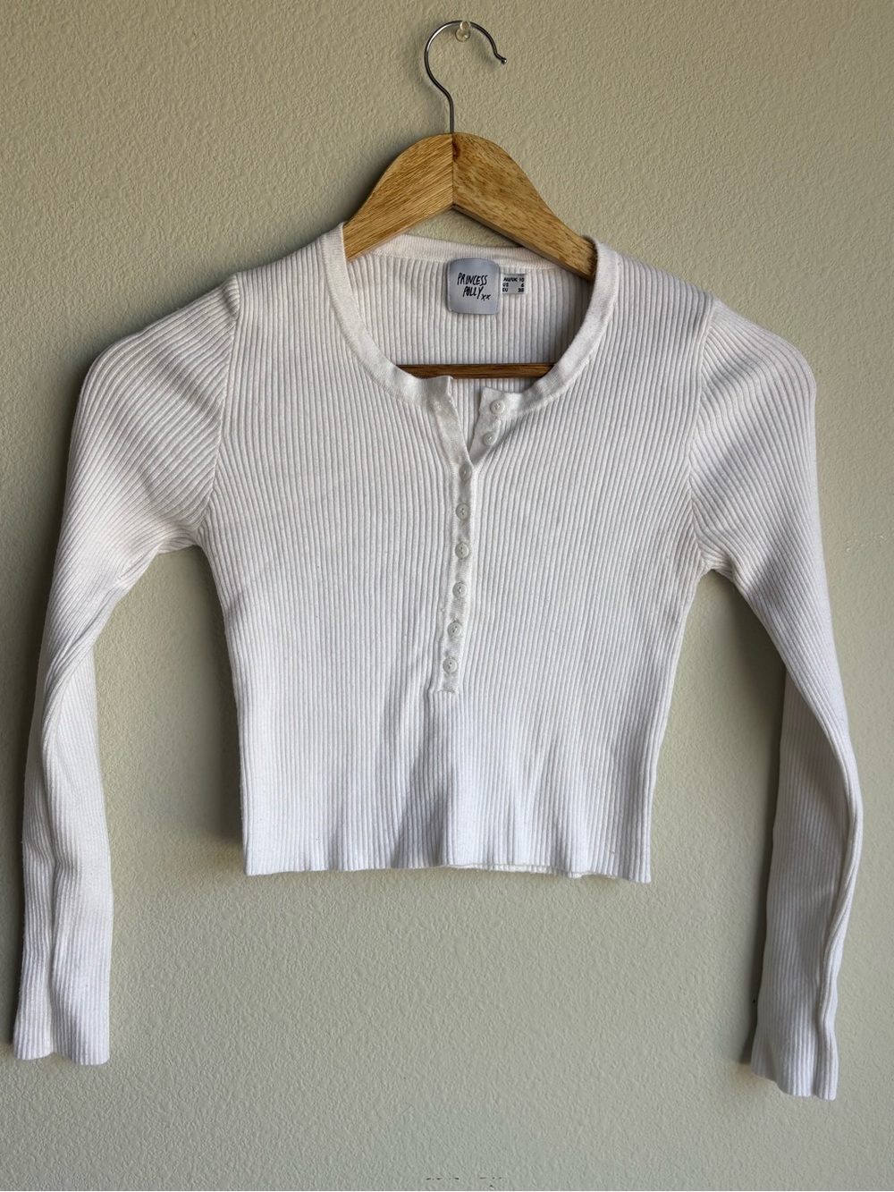 Princess Polly White Ribbed Henley Long Sleeve Crop Top
